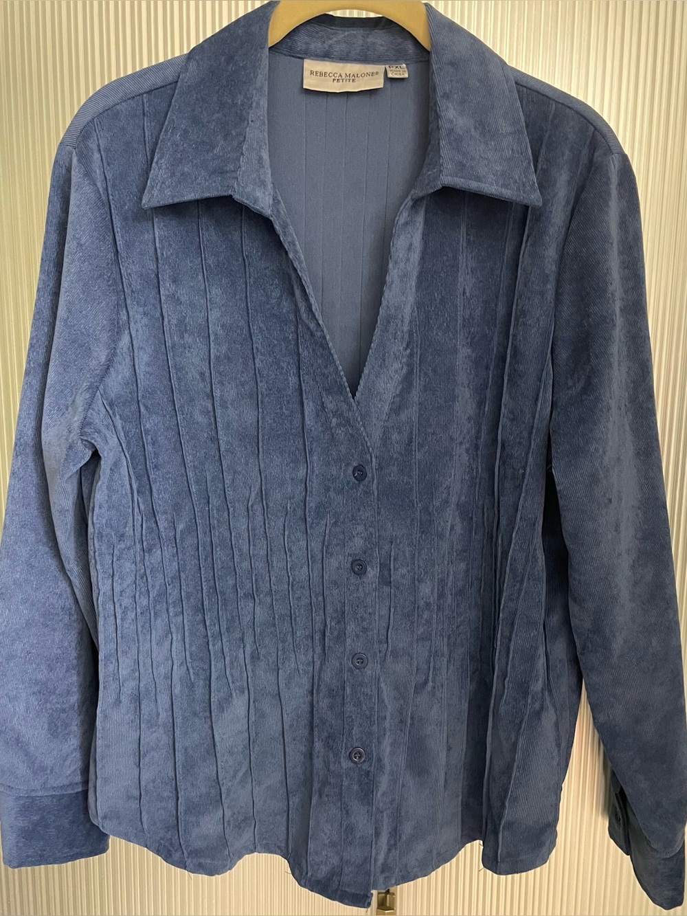 Rebecca Malone Button-up V-neck Long Sleeve Pleated Shirt PXL Women's Blue